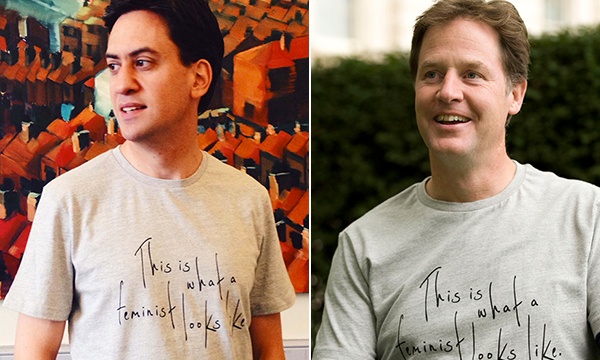 Milliband and Clegg in Feminist tshirts