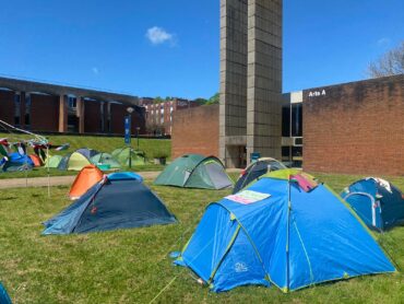 Photograph of Sussex university encampment overlooking Arts-A