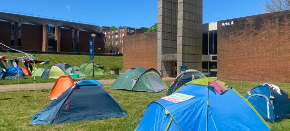 Photograph of Sussex university encampment overlooking Arts-A